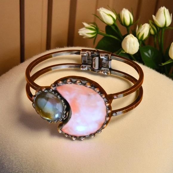 π Pink Rose Quartz & Labradorite Moon Natural Stone Bangle Cuff Bracelet πβ¨ - Picture 12 of 15